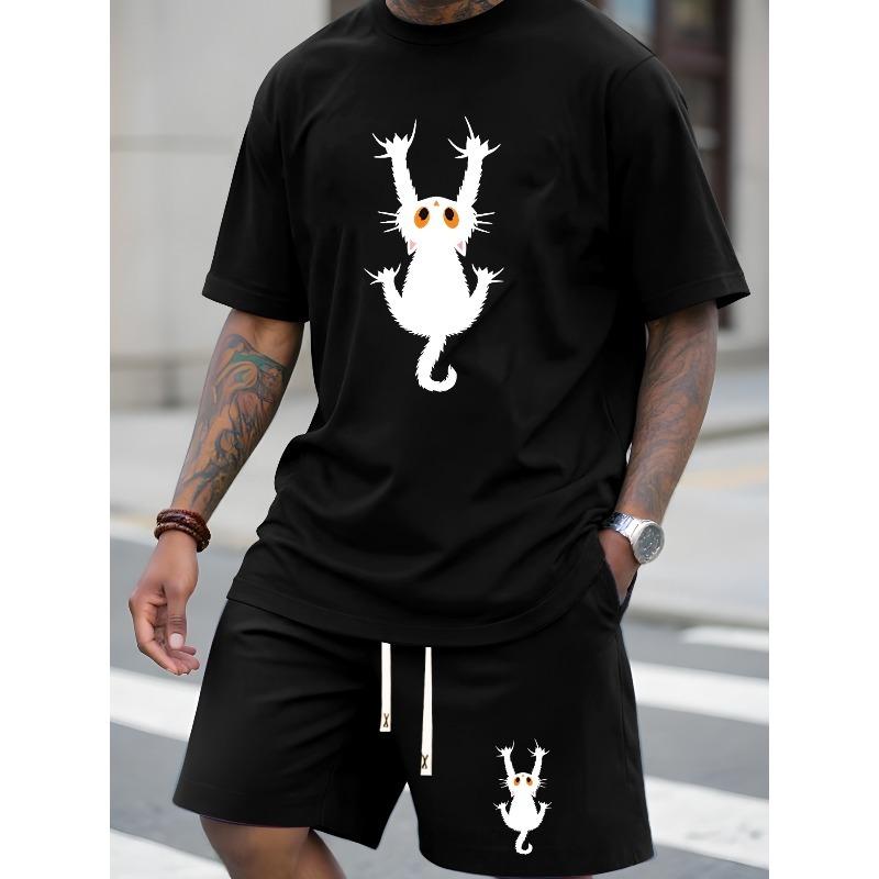 European Size Men's Summer T-Shirt , Cat Print Design, Versatile Outfit, Casual Short Sleeve Top Trendy Leisure Sportswear