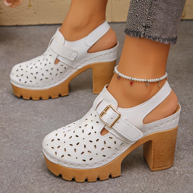 Damskie sandały peep-toe na szeroką stopę na klockowym obcasie - ażurowy design, letnie buty z zakrytym palcem, modne sandały na wysokim obcasie