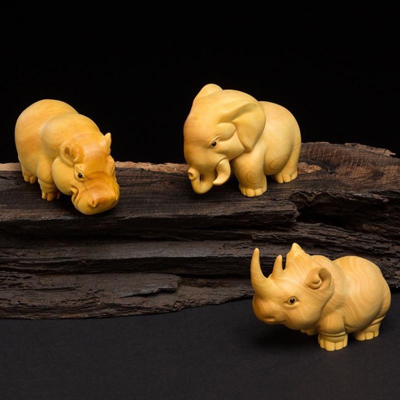 1/3Pcsmanual Wood Carving Wooden Product Rhino Hippo Elephant Room Home Decor Car Ornaments Decoration Sculptures & Figurines