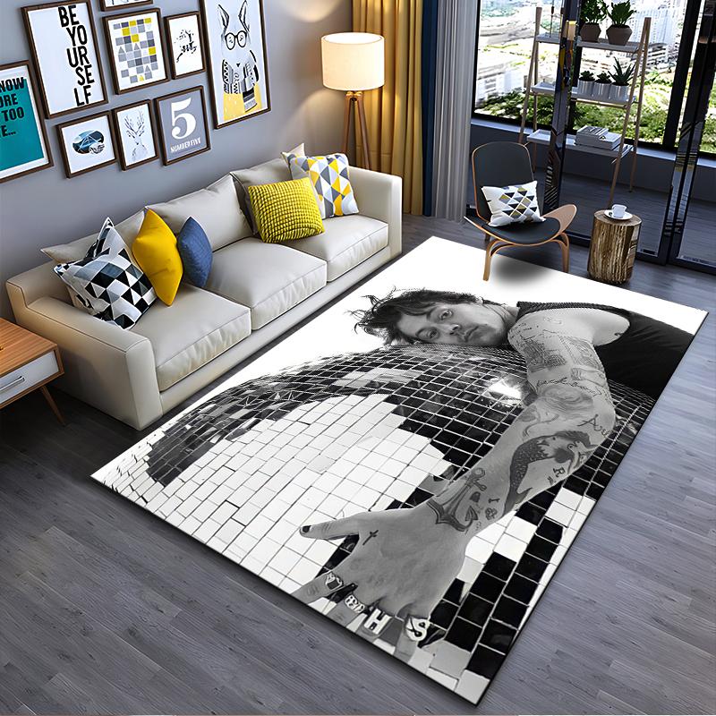Pop Music Area Rug, Harry Styles Leaning on Disco Ball Tattoos Black White Photo Print, Fan Room Decor, Non-Slip Mat