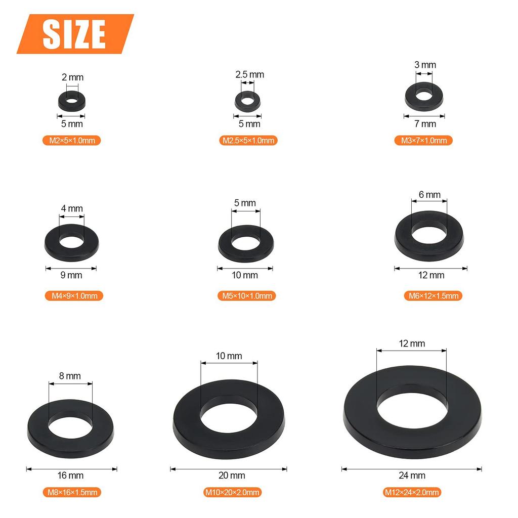 800 Stück Schwarzes Nylon Flache Unterlegscheiben Set PA66 Flache Unterlegscheibe M2M2.5M3M4M5M6M8M10M12 Box