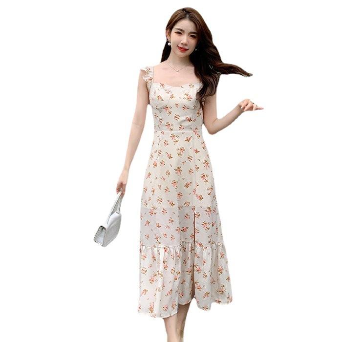 Dress 2026 New Women's Summer French Retro Waist Temperament Floral Split Suspender Skirt Fashion Temperament