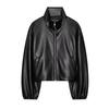 Women S Black Faux Leather Zip Up Stand Collar Long Sleeve Casual Coat