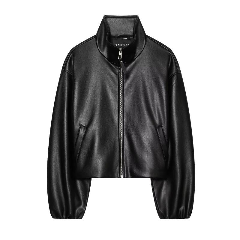 Women S Black Faux Leather Zip Up Stand Collar Long Sleeve Casual Coat