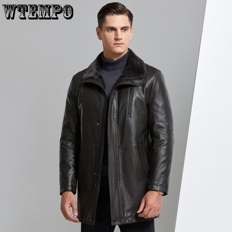 Zimní kožená vycpaná zesílená pánská kožená bunda středního věku Uprostřed dlouhé části vlny Jednokožená bunda Pánský kabát