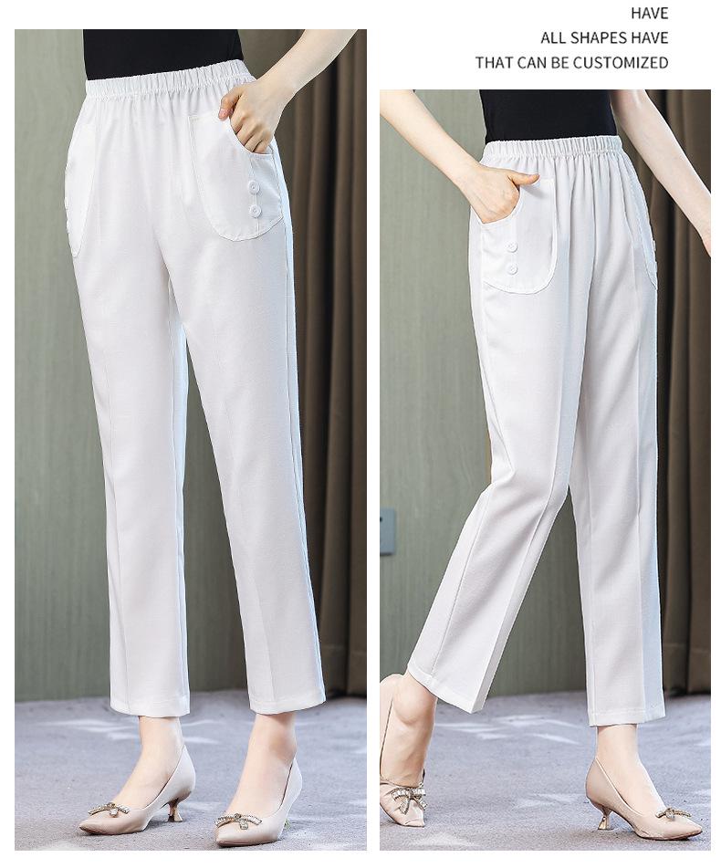 Women's High-Waist Cotton-Linen Summer Pants: Stylish, Elastic, Straight Fit for Middle-Aged and Elderly