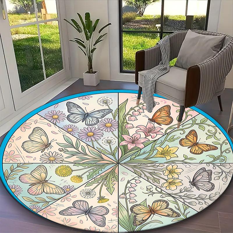 

1pc Pale Blue Butterflies Printed Chair Rug for Home Office Use, Living Room Kitchen Game Room Round Carpet Diameter 60cm