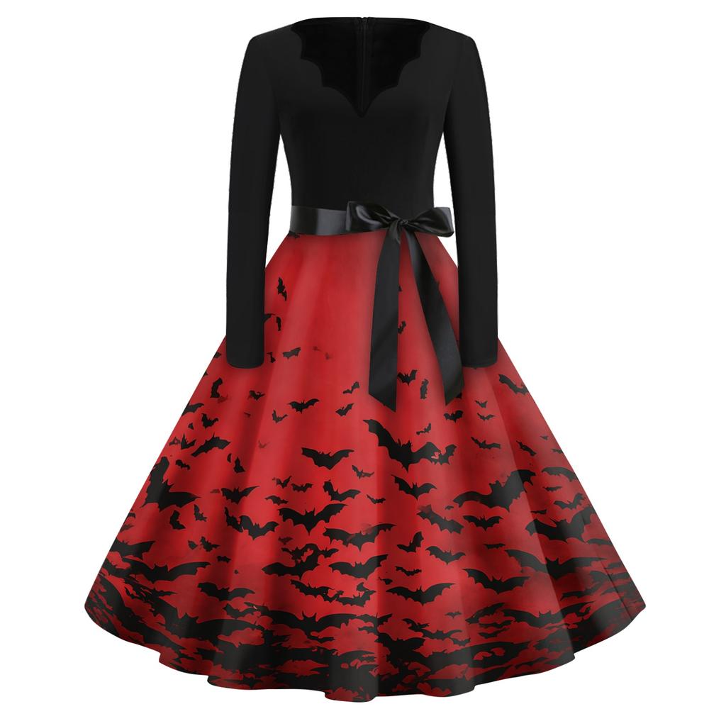 Women's Casual Halloween Dress V Neck Long Sleeve Retro Style Vintage Ghost Print Midi Dress with Waist Tie for Daily Wear
