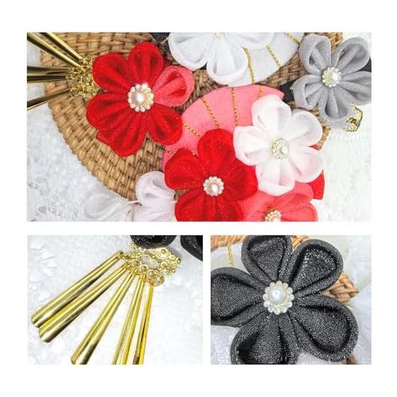 JZOON Tsumami Zaiku Hair Accessory Set, 3-Piece Sakura Design, Cute Japanese Ball with Bell, Available in 6 Colors (Red, Blue, Purple, Pink, Black,