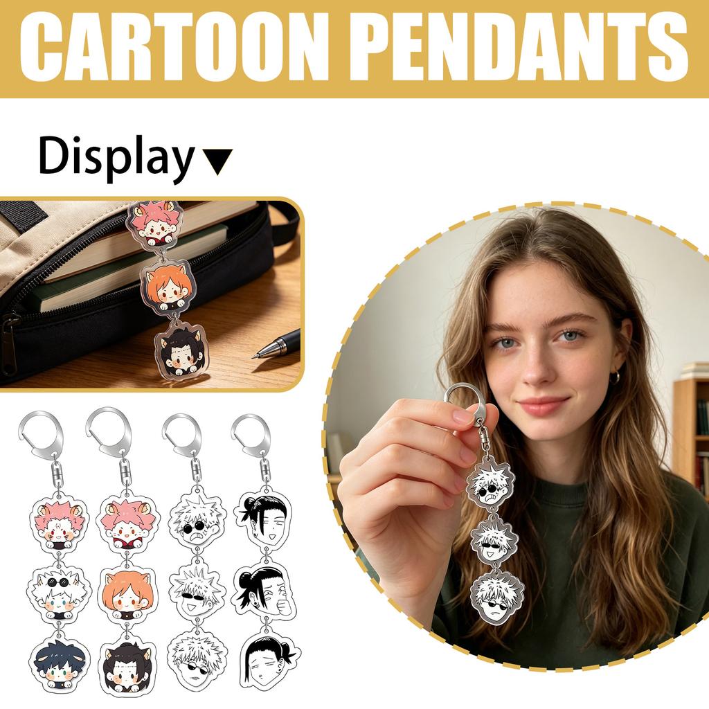 Acrylic Keychain Triple Pendant with Character Faces Design Durable Metal Ring and Swivel Clasp for Backpack Purse or Keys Accessory