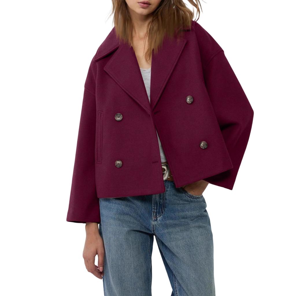 Women's Fashionable, Elegant, -color, Long-sleeved, Short Woolen Coat With A Turned-up Collar