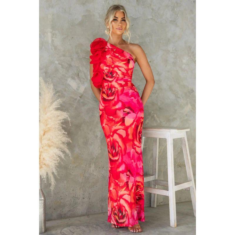 

European and American Women clothes Summer Temperament Slim fit Sleeve Three-Dimensional Flowers Sexy dresses for women Flower Sexy Dress Red S