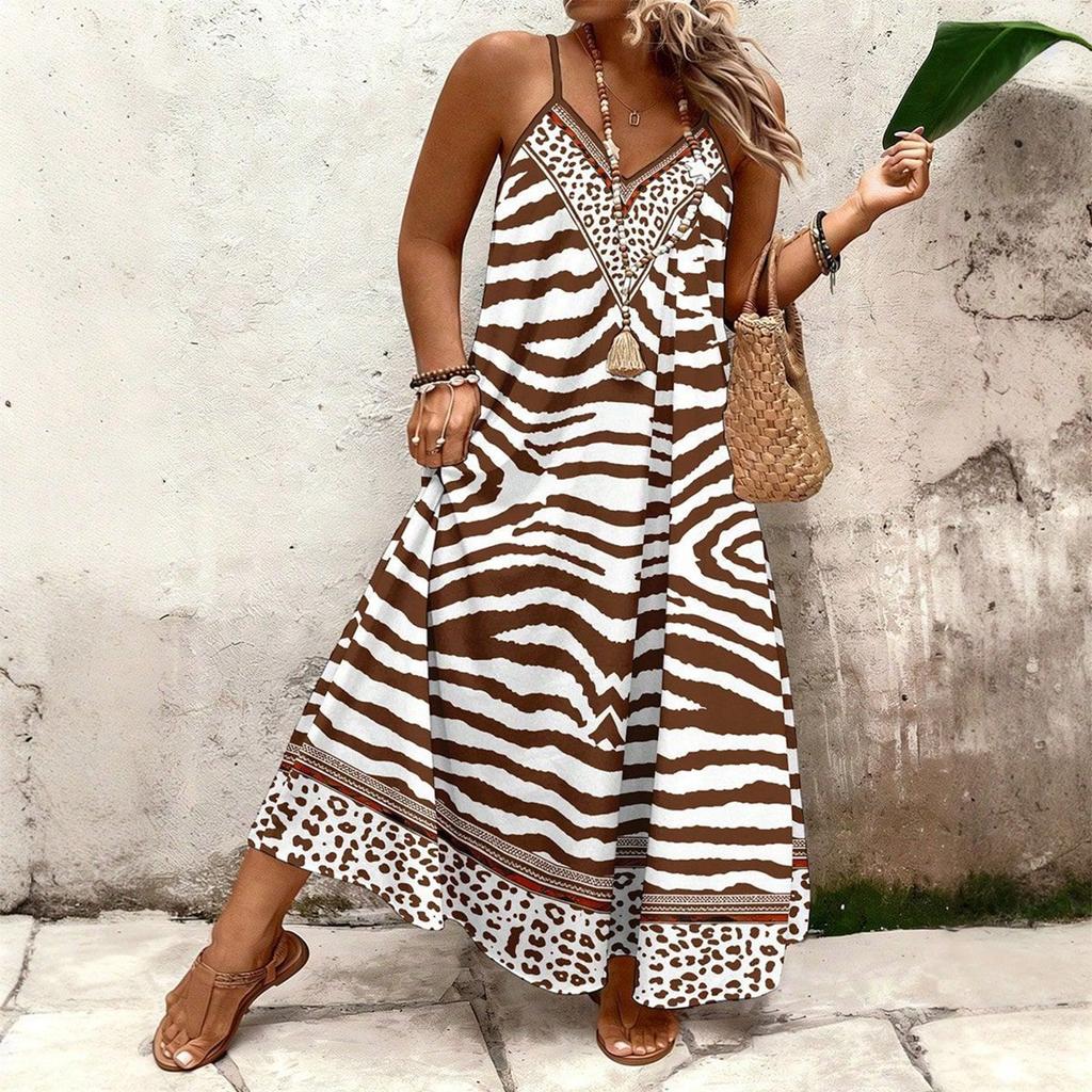 Women's Summer V-neck Bohemian Casual Seaside Vacation Printed Plus Size Sling Dress