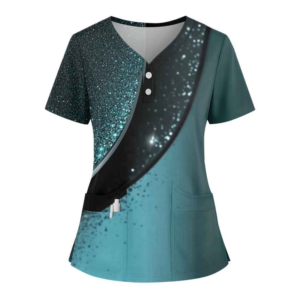 Women's Loose Short Sleeved Fashionable Polka Pots And Geometric Printing V-neck Buttonable Side Slit Top T-shirt