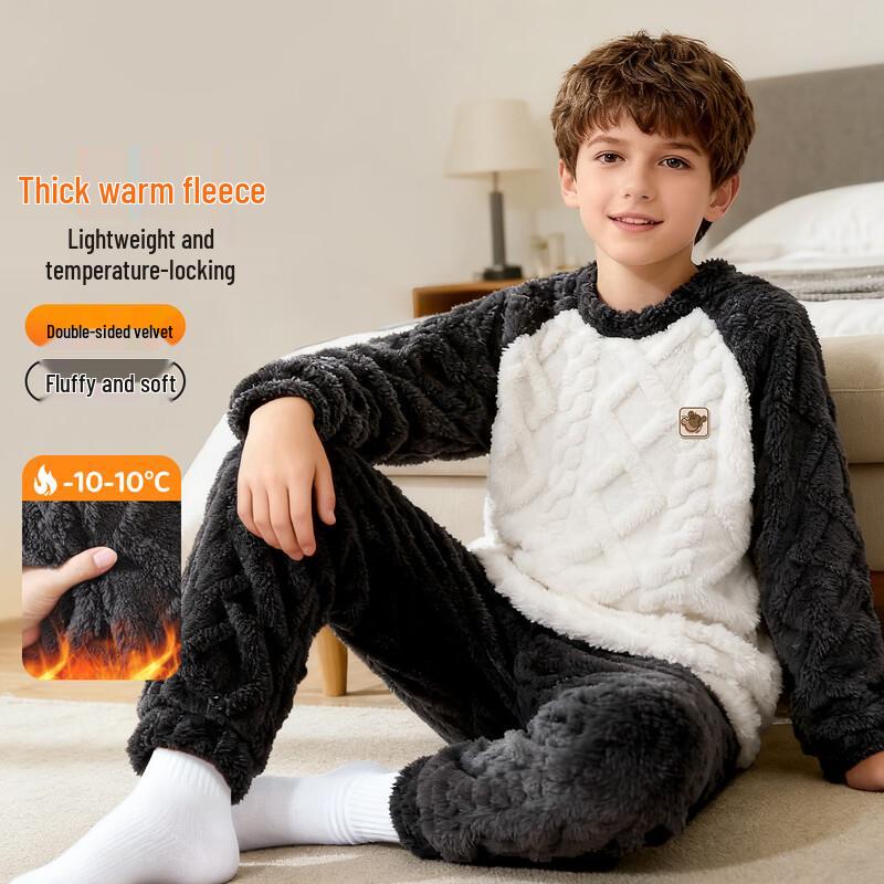 Earsuo Jungen Winter-Pyjama-Set, doppelseitig, Flanell, Fleece gefüttert 130 white