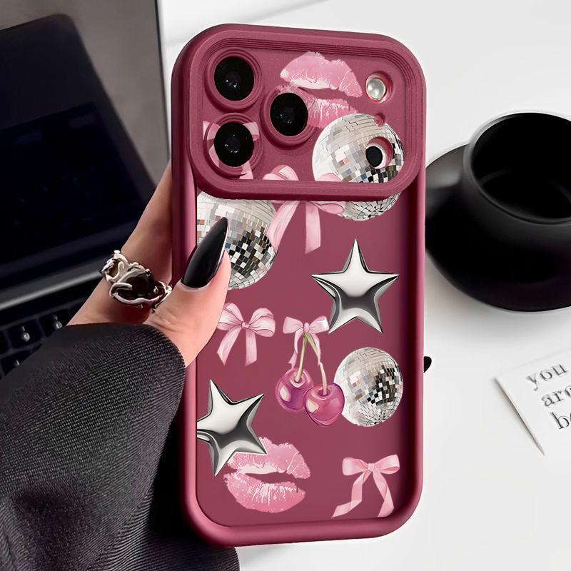 Cherry Bowknots Lips Disco Ball Case For iPhone 17 Pro Max Shockproof Silicone Bumper Cover For iPhone 16 Pro Max Funda iPhone 15 14 13 12 11 16E