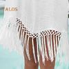 Beach Cover Up Dress V-Neck Woven Hollow Neckline Fringed Cuffs Hem Bikini Cover Up UV Protection Beach Dress