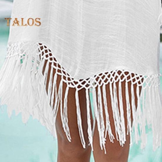 Beach Cover Up Dress V-Neck Woven Hollow Neckline Fringed Cuffs Hem Bikini Cover Up UV Protection Beach Dress