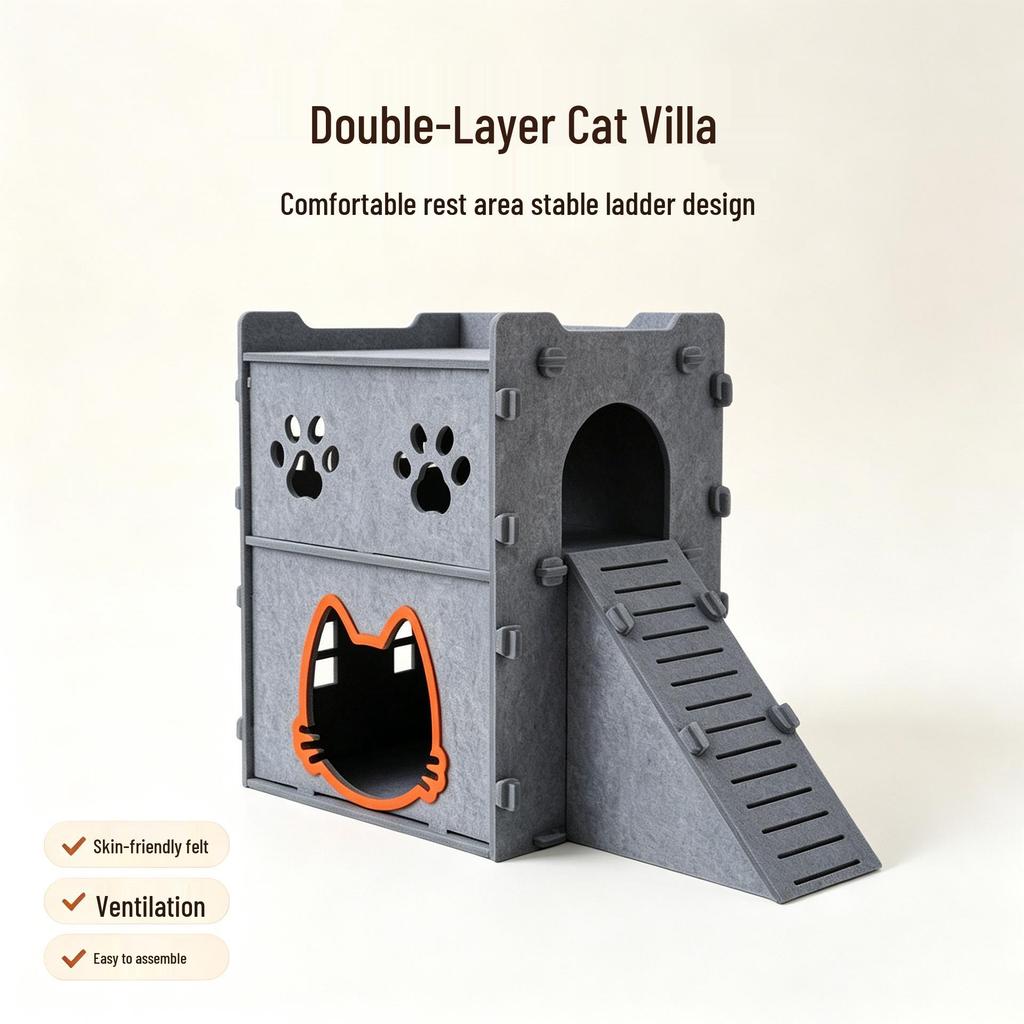Two-Story Felt Cat Villa with Stairs - All-Season Semi-Enclosed Indoor Cat House