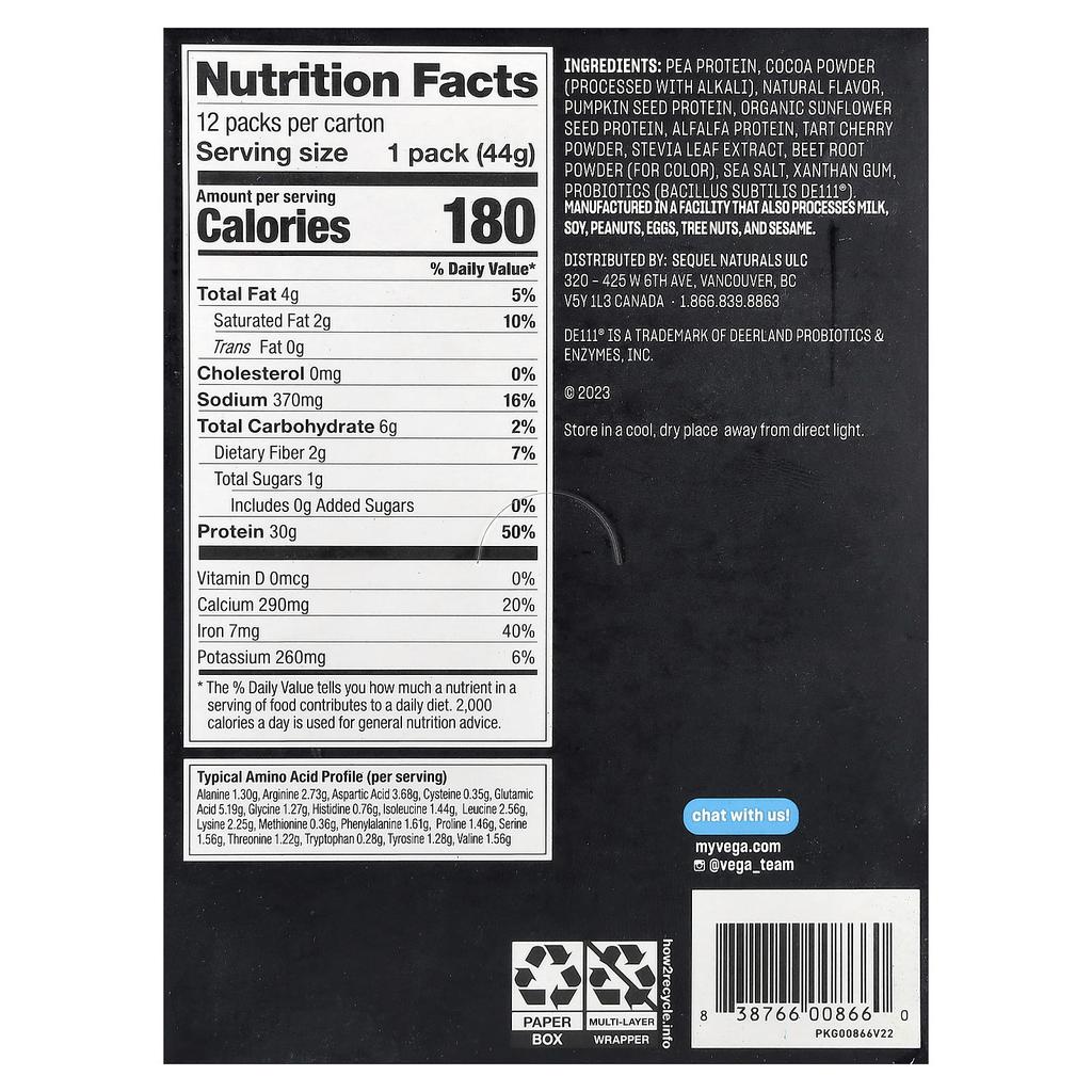 Sport, Plant-Based Premium Protein, Chocolate, 12 Packets, 44G (1.6Oz) Each