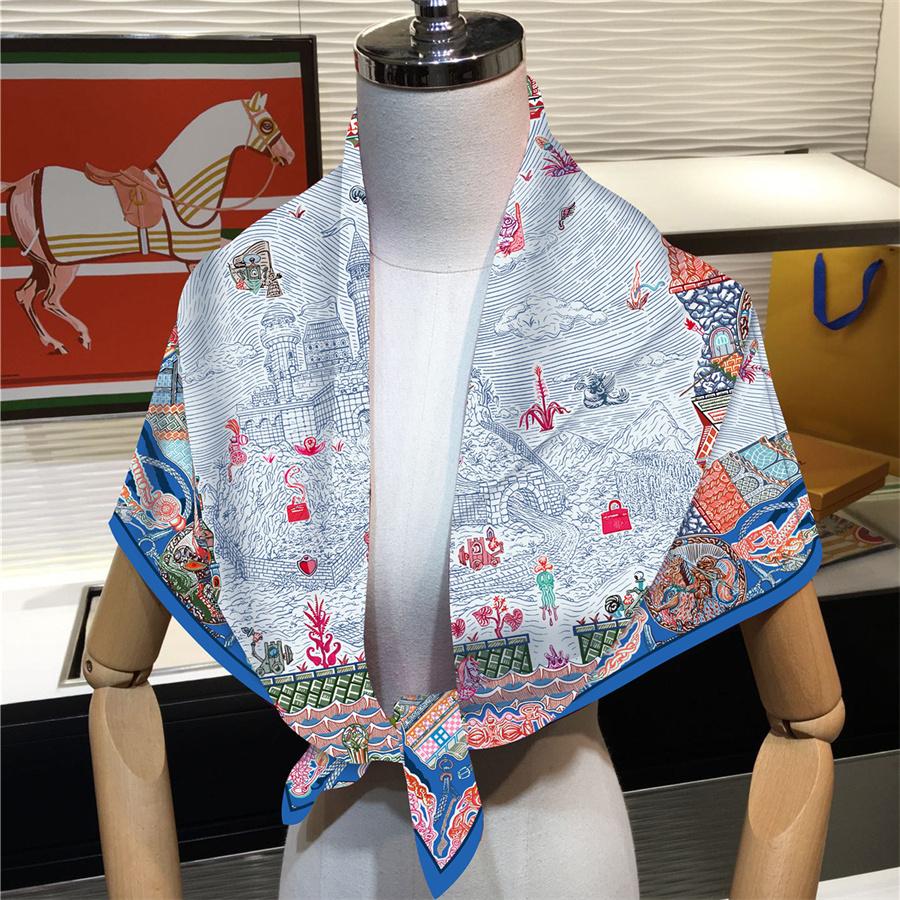POBING Silk Scarf Women Castle Print Square Scarves Head Echarpes Silk Foulards Femme Wraps Beach Shawl Bandana Lady Hijabs 90CM