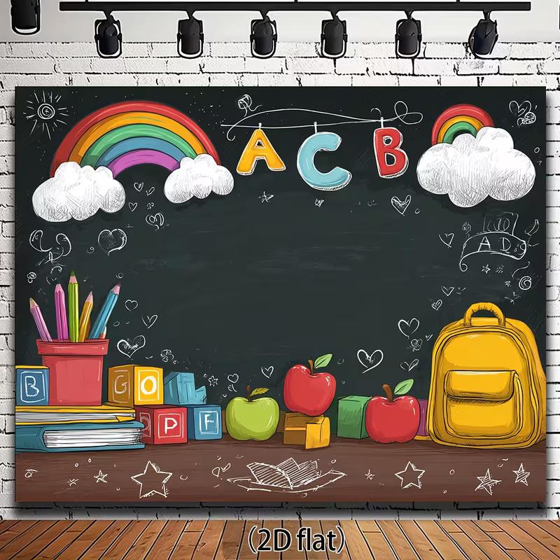 

2D Flat Printing School Backdrop Cartoon Backpack Party Photo Booth Decor 47.2x31.5inch/120*80cm
