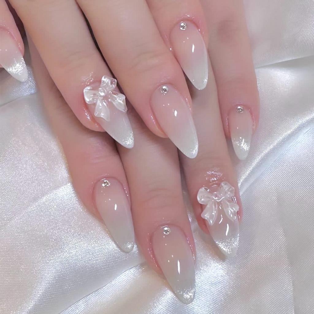 24Pcs Blush Pink Almond Press On Nails With 3D Bowknots Glossy Full Cover False Nail Tips Sweet For Women Girls