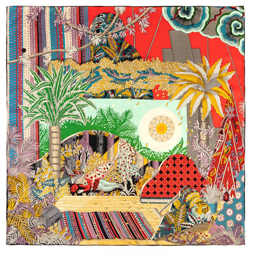 90Cm Women Scarf Summer Night Forest Twill Silk Scarf Handmade Curled Square Scarves Hijab Ladies Foulard Headband Bandana