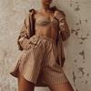 Women's Turn Down Collar Long Sleeve Striped Shirt Shorts 3-Piece Set Summer Tracksuit