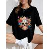 White Oversized T Shirt With Colorful Sugar Skull And Flowers Print For Casual Wear