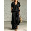 TIFICY Women's Fashion Casual Summer Spring Solid Color Print Short Sleeve V-Neck Trousers Pants Suits