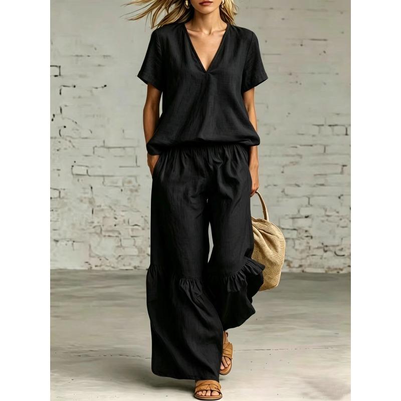 TIFICY Women's Fashion Casual Summer Spring Solid Color Print Short Sleeve V-Neck Trousers Pants Suits