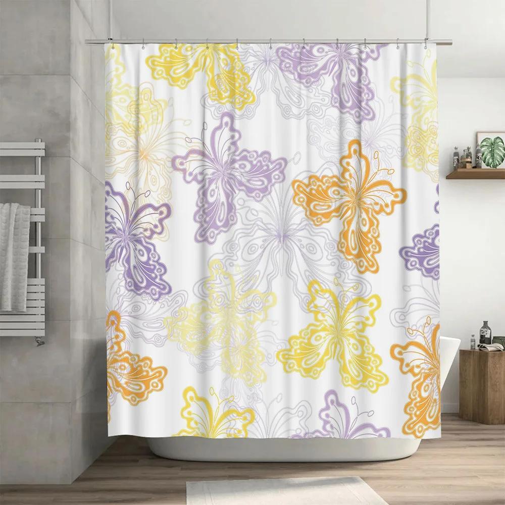 Butterfly Printed Shower Curtain Waterproof Bathroom Decor Customizable Size Yellow Purple Orange Colorful Floral Design Made Fr