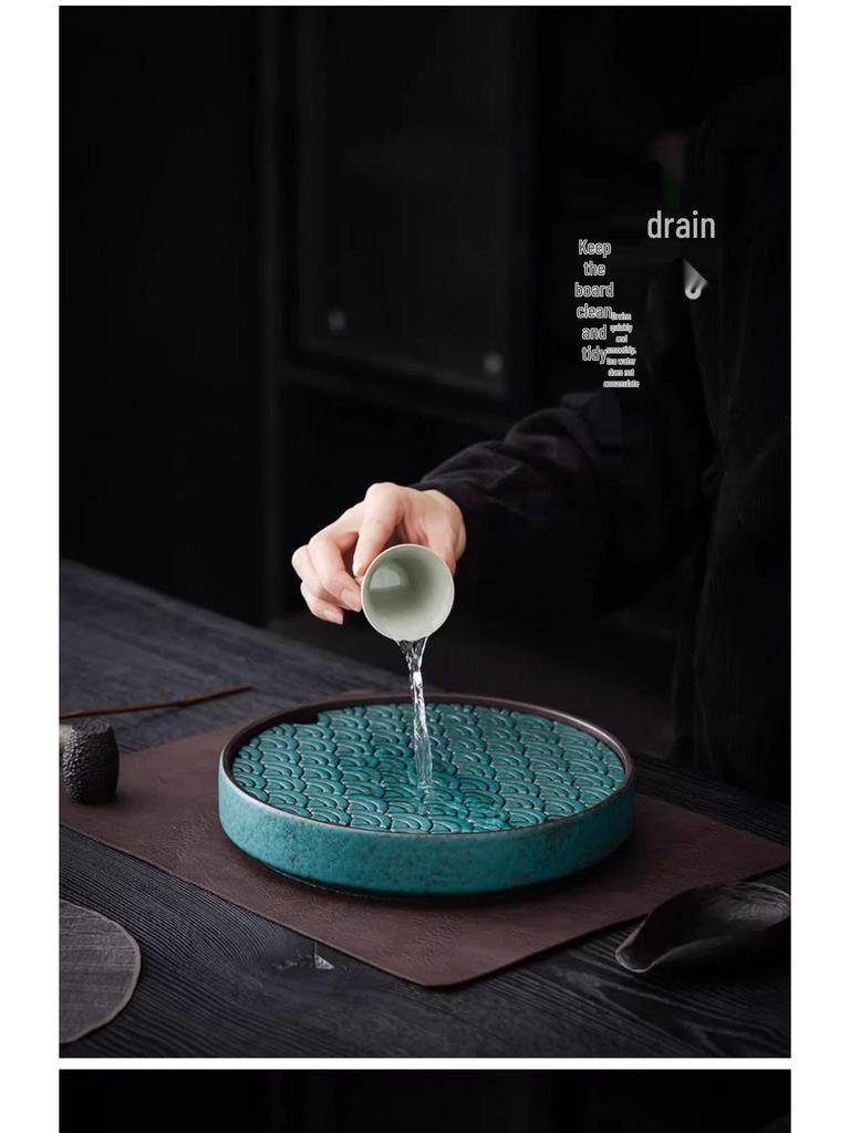 Round Ceramic Tea Tray: Chinese Retro Kung Fu Tea Set, Dual-Use Dry & Wet Brewing Table with Water Storage.
