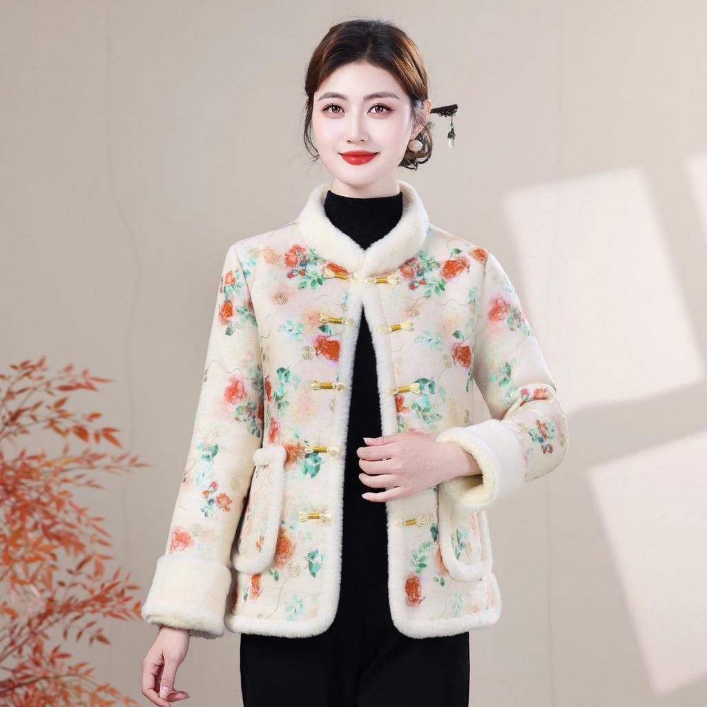 Winter Retro Chinese-Style Jacket with Frog Buttons - Warm, Thick, Plus-Size Velvet Cotton for Mothers