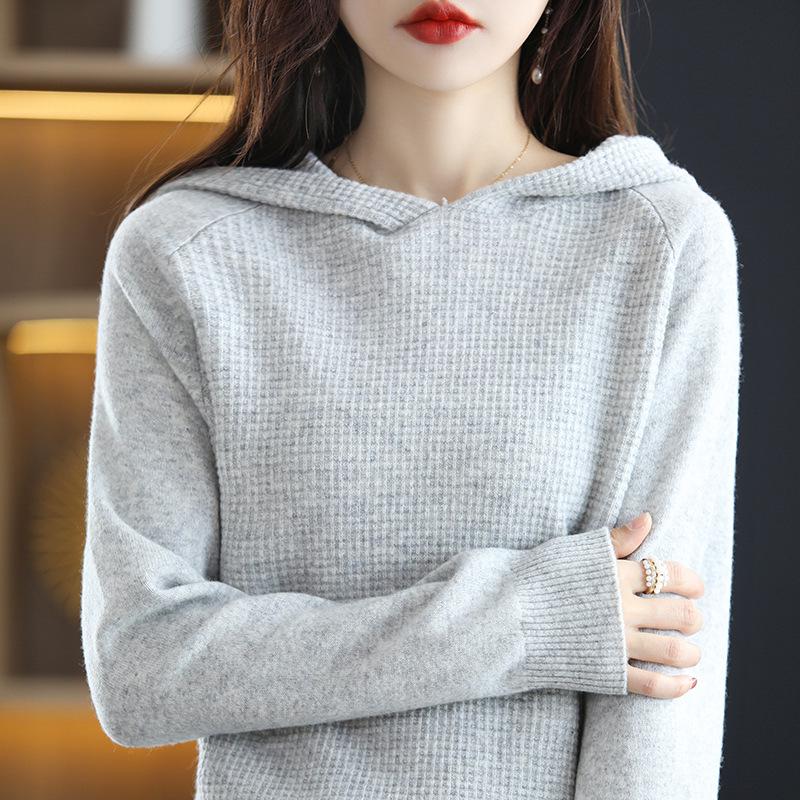 2023 Autumn/Winter Women's Pure Wool Hoodie Sweater - Cashmere Knit Pullover, Solid Color