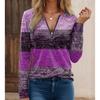 Casual V-neck Long Sleeved Zipper Color Blocked Women's T-shirt High Street Fashion Daily Versatile Top