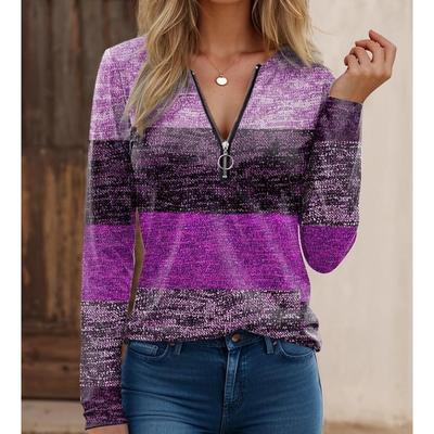 Ležérne dámske tričko s véčkovým výstrihom a dlhým rukávom, na zips, farebne blokované, High Street móda, všestranný top na každý deň