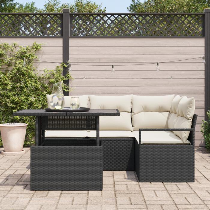 Ensemble de 5 Pièces de Canapé de Jardin avec Coussins en Rattan Poly Noir, Canapé de Jardin 2 Places avec Rangement 3357550