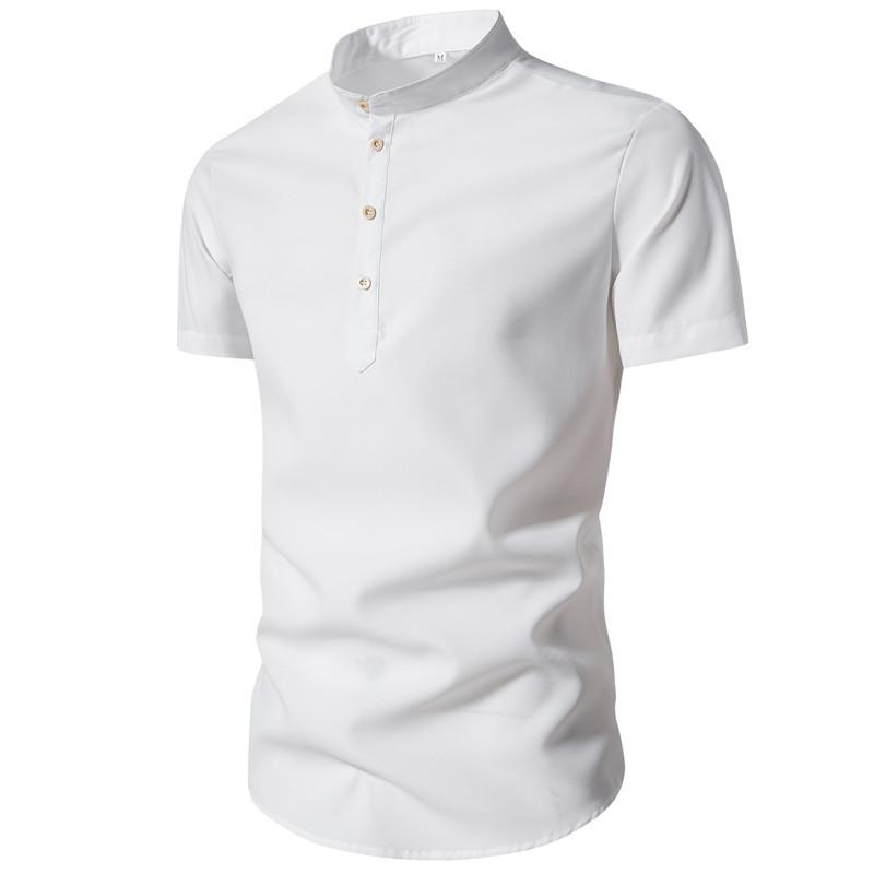 Summer Solid Stand Collar Men's Casual Shirt Buttons Short Sleeve White Black Shirts Men Pullover Top