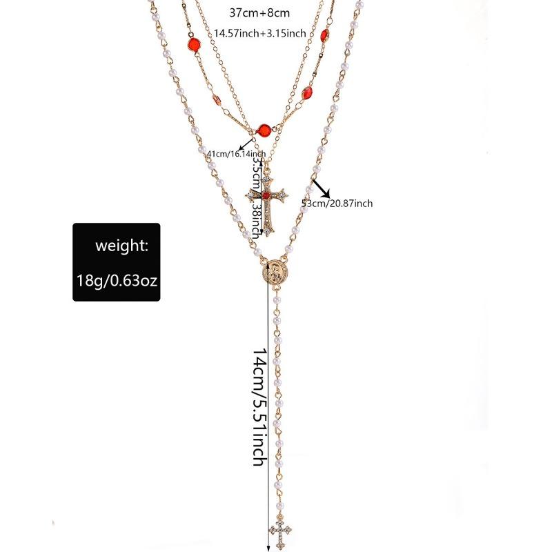 Imitation pearl cross necklace stacked accessories women's niche high-end tassel diamond necklace