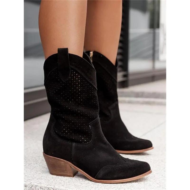 Fashion Women's Boots Mid Calf Retro Simple Suede Boots 5CM Square Heel Winter New Product Burnt Flower Suede Low Tube WomenShoe