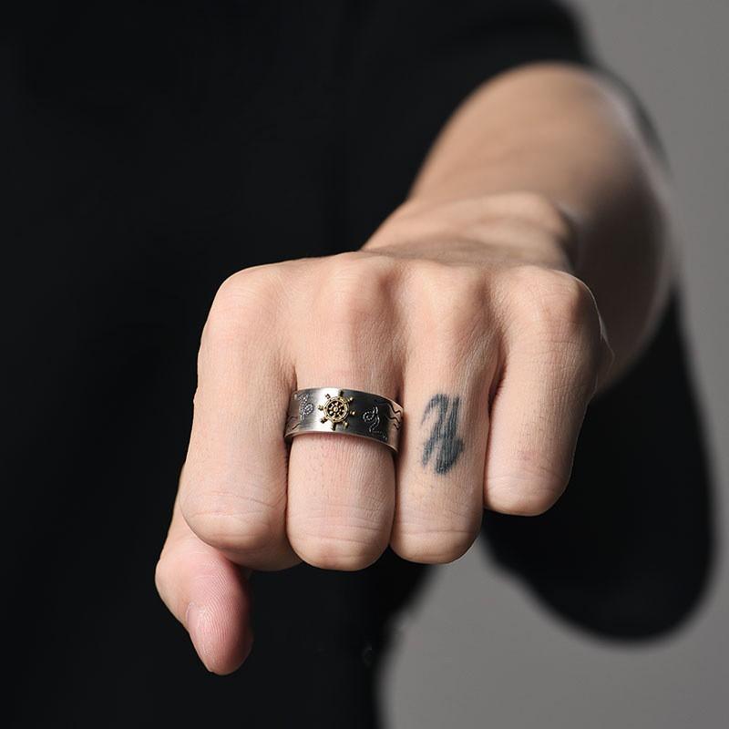 Adjustable Open Ring Men Women Vintage Nautical Anchor Design Geometric Minimalist Statement Jewelry