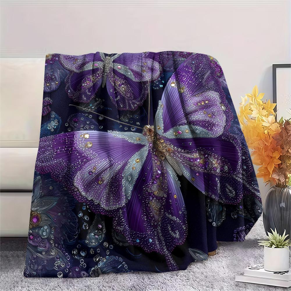 Purple Flower Butterfly  Print Flannel Blanket, High quality Comfortable for All Seasons, Home Decor, Warmth and Comfort
