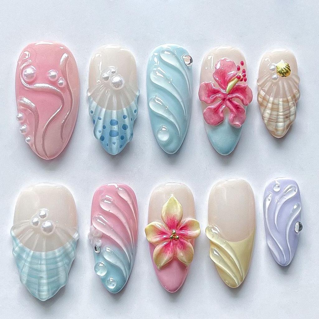 24pcs Wearable Press On Nails Strawberry Bow Design Nails Tips Red Short Almond Pearl Starlight Fake Nail Art Flower False Nails
