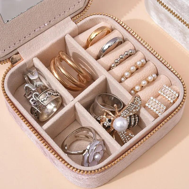 Portable Jewelry Storage Box with Mirror Zipper Square Boxes Earrings Necklace Ring Jewelry Organizer Display for Travel K