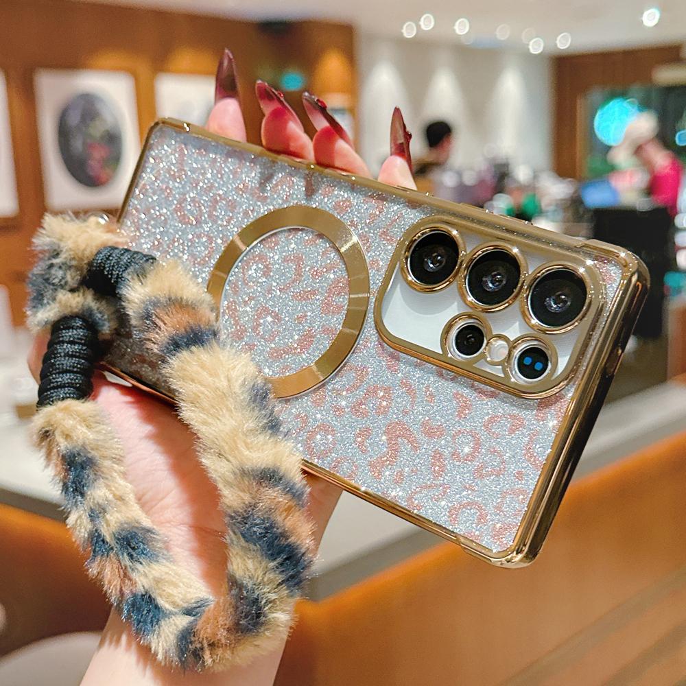 KEYSION Glitter Leopard Print Magnetic Phone Case for Samsung Galaxy S21 S22 S23 S24 S25 S26 Ultra S26+ S25 FE With Plush Lanyard Shockproof Cover