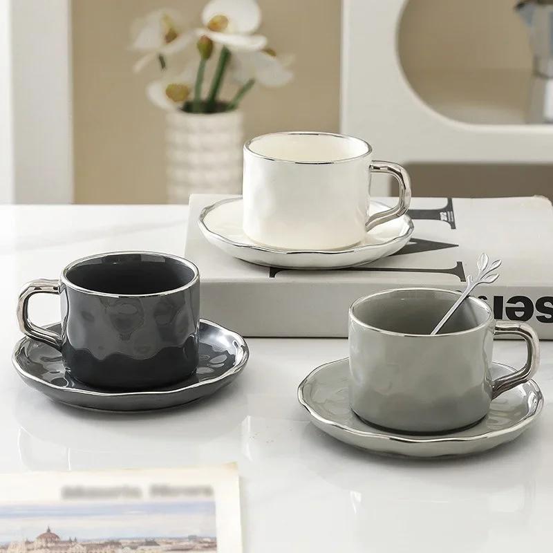 230ml Coffee Cup Saucer Set with Spoon European Style Gold Rimmed Household Ceramic Mug Afternoon Tea Coffee Milk Cup Saucer