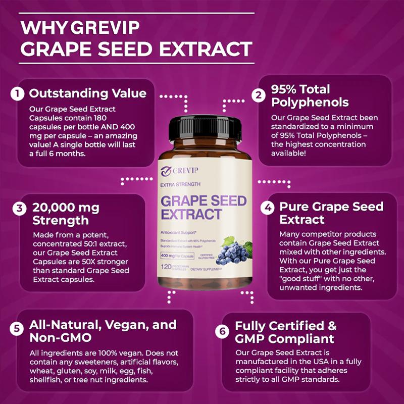 GREVIP High-Efficiency Grape Seed Extract, All-Natural Formula, Antioxidant and Heart-Protecting
