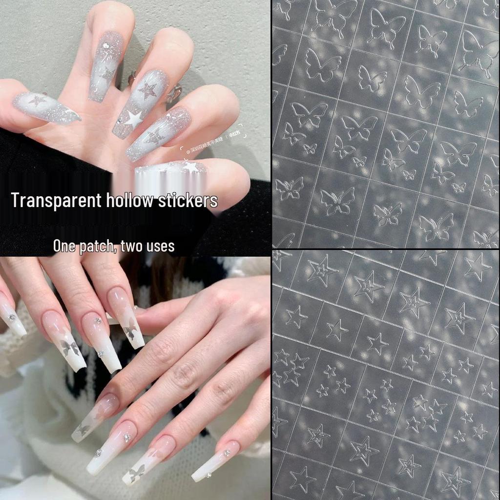 French Hollow Transparent Nail Art Stickers - Stars & Chrome Hearts Gradient Design